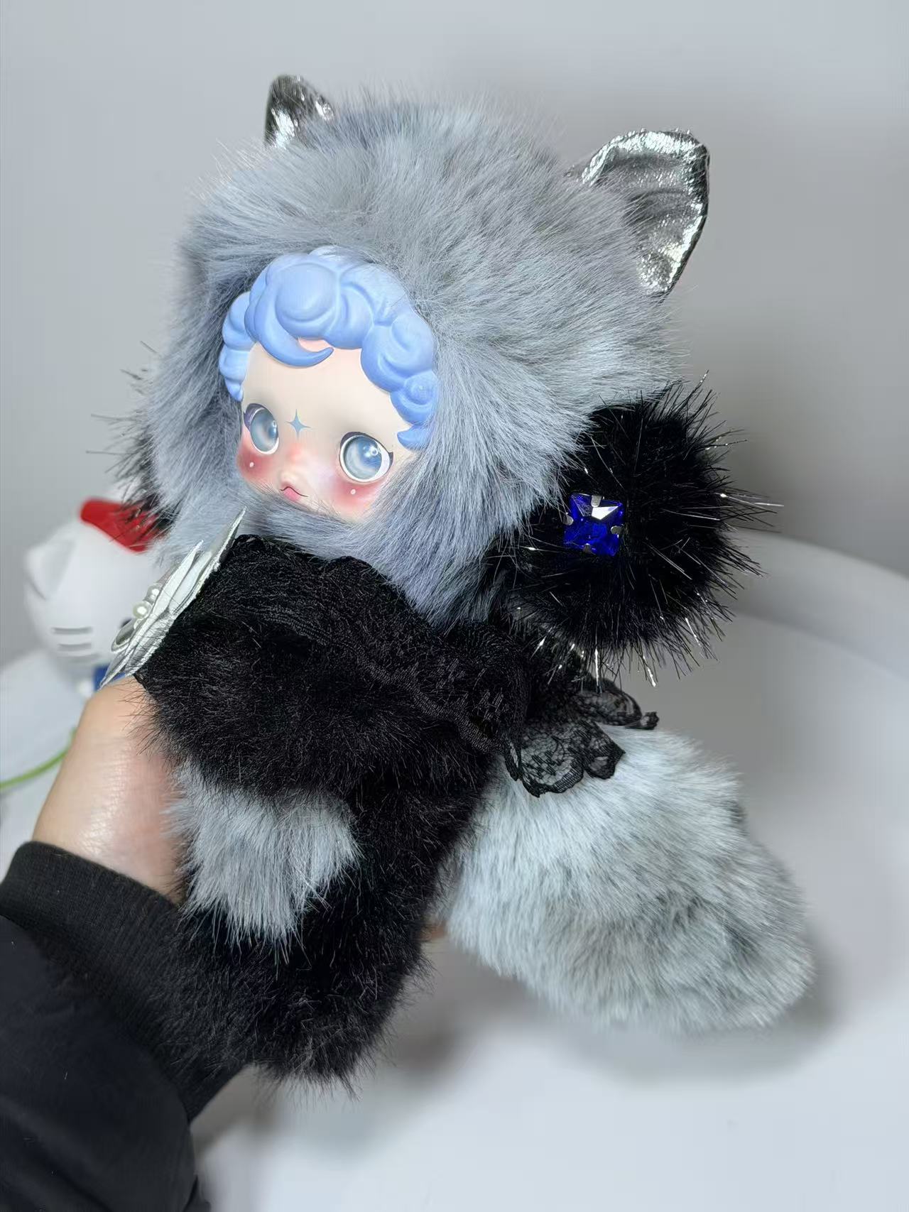 Authentic SKULLPANDA Custom - Dark Coquette Silver Cat Ear Plush Style