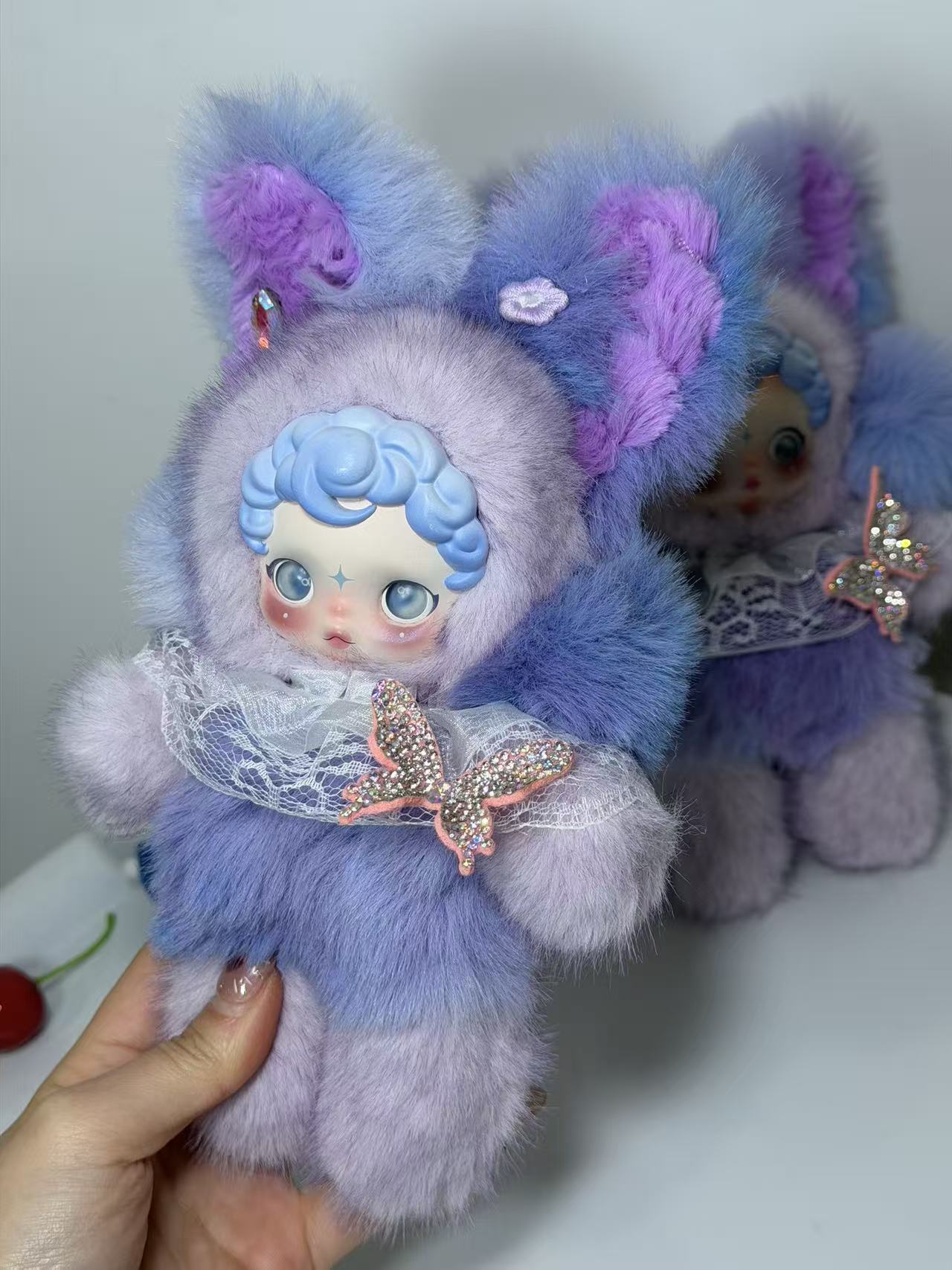 Handmade Custom Authentic SKULLPANDA | Purple-Blue Gradient Cat Ear Plush Sweet Cool Doll