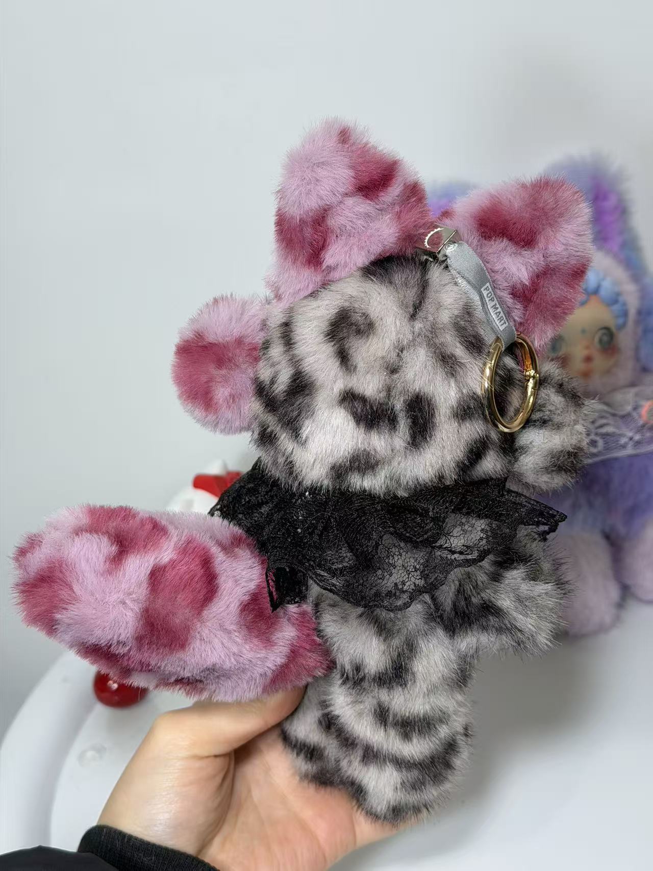 Authentic SKULLPANDA Custom - Dark Sweet Cool Black-Pink Tabby Cat Ear Plush