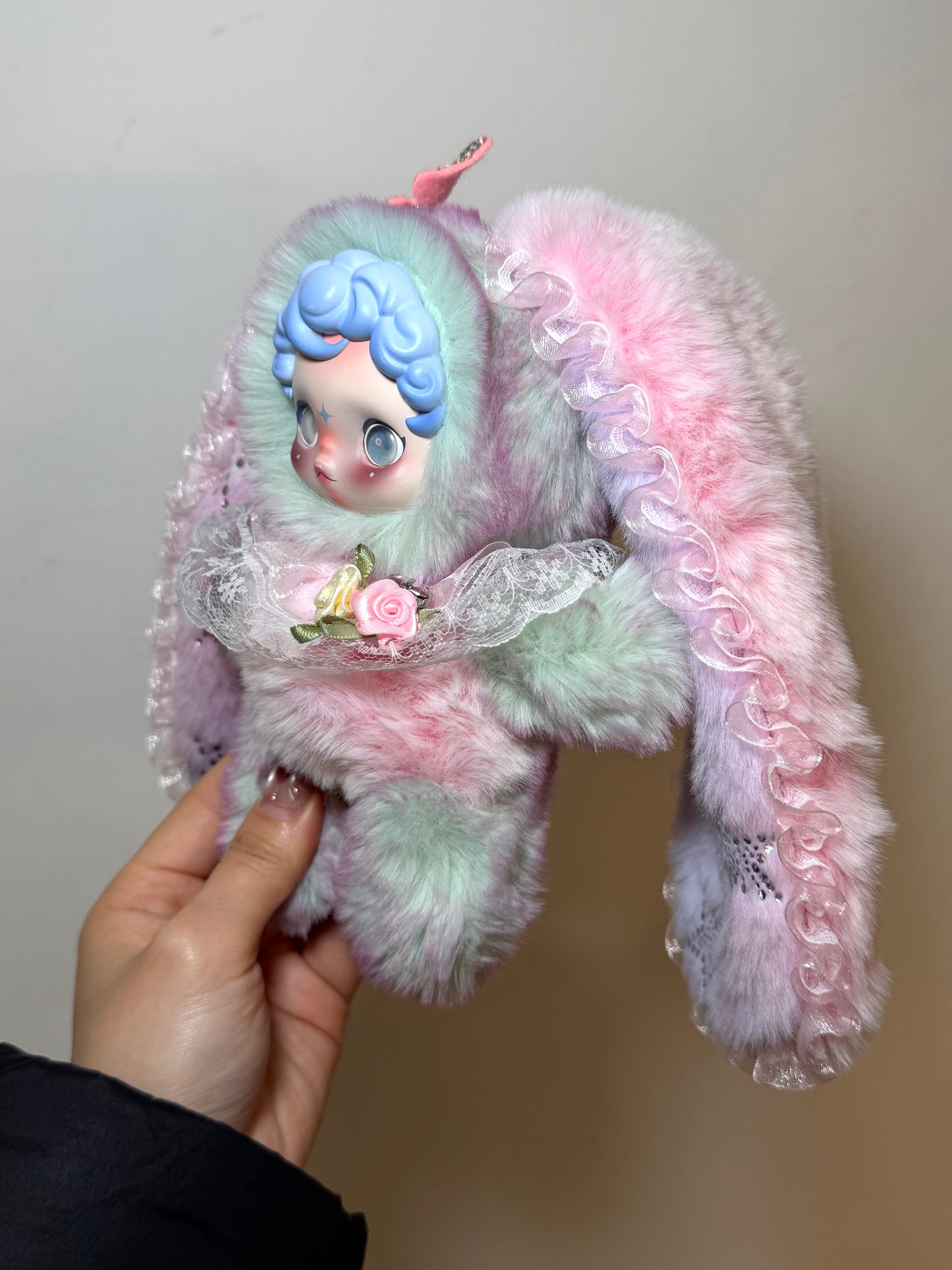 Authentic SKULLPANDA Custom - Dreamy Sweet Pink-Green Gradient Lop-Ear Bunny Plush