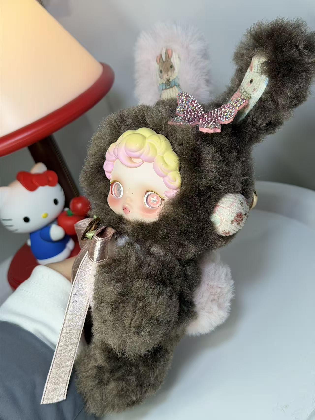 Authentic SKULLPANDA Custom - Vintage Elegant Dark Brown & Pink Lop-Ear Bunny Plush