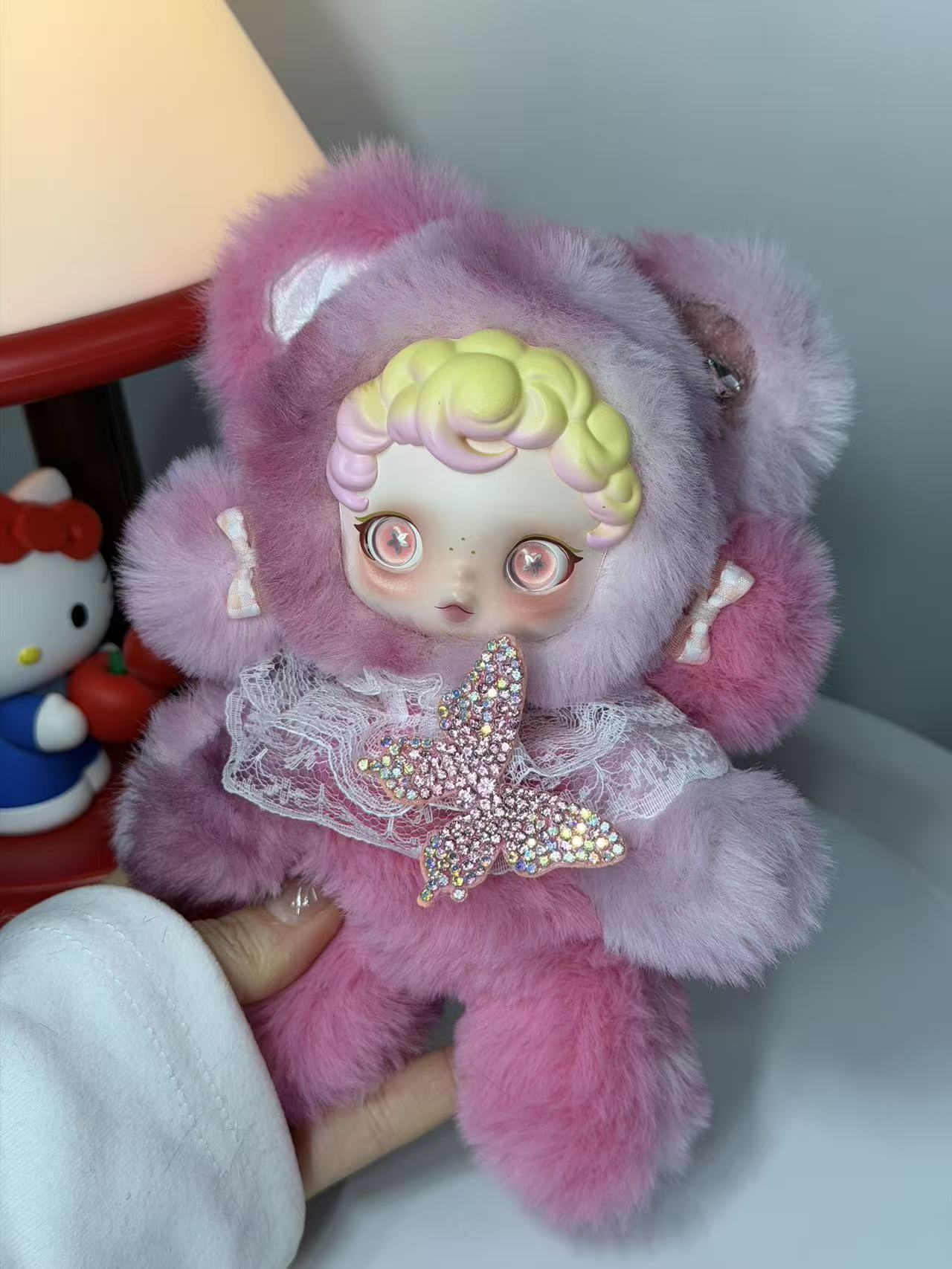 Genuine SKULLPANDA Custom Doll | Pink-Purple Plush with Lace & Rhinestone Butterfly