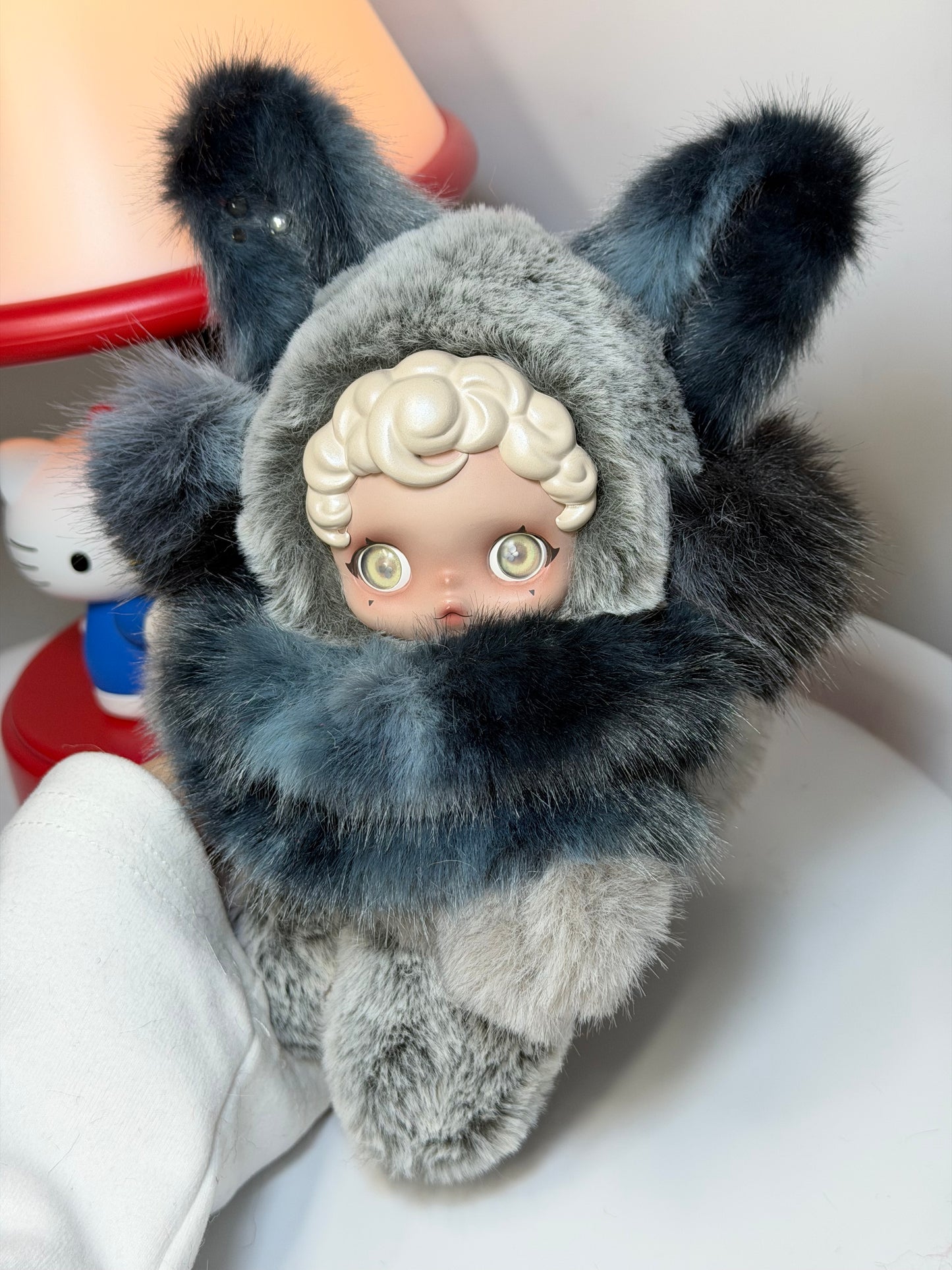 Handmade Custom Authentic SKULLPANDA | Grey-Blue Gradient Bunny Ear Plush Dark Edgy Doll