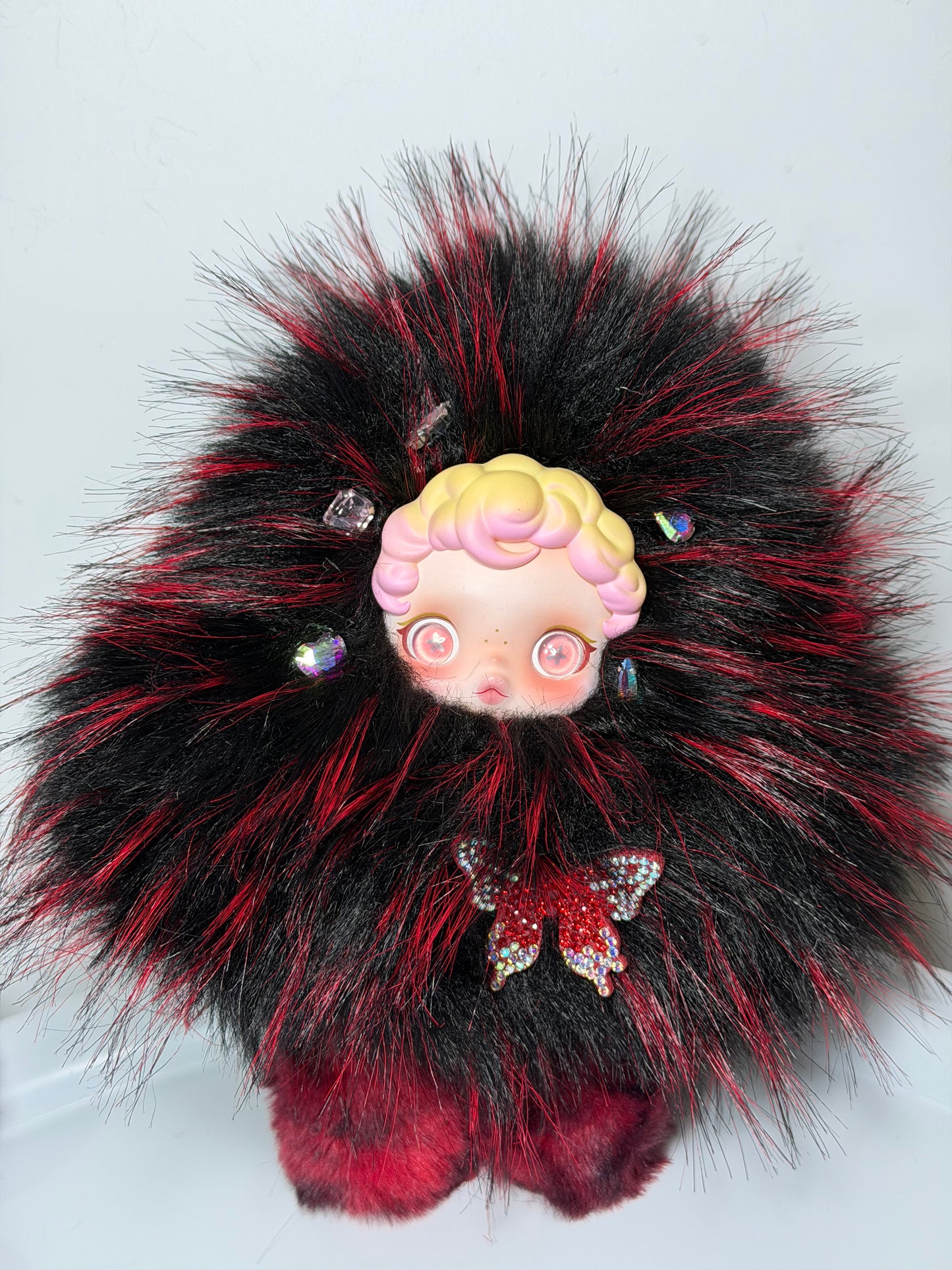 Handmade Custom SKULLPANDA | Black-Red Plush Style with Rhinestone Bow Charm