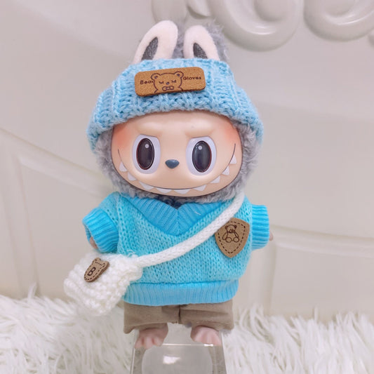 Labubu Doll Clothes: Blue Knitted Sweater Set