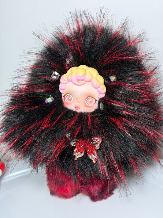 Handmade Custom SKULLPANDA | Black-Red Plush Style with Rhinestone Bow Charm