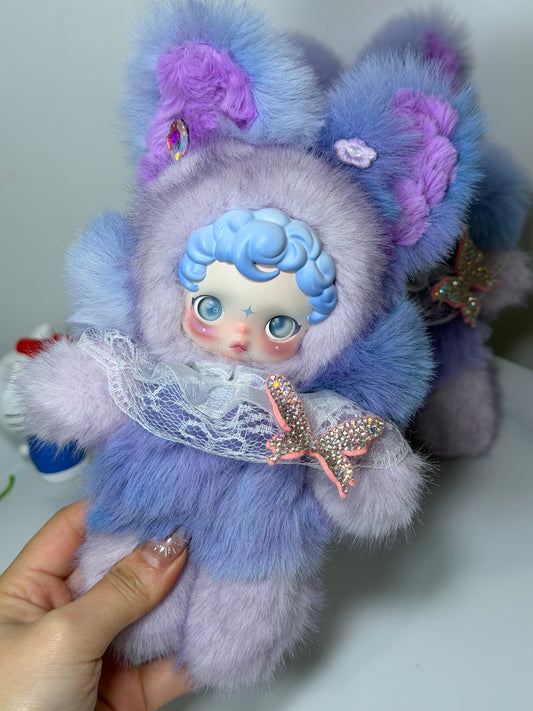 Handmade Custom Authentic SKULLPANDA | Purple-Blue Gradient Cat Ear Plush Sweet Cool Doll