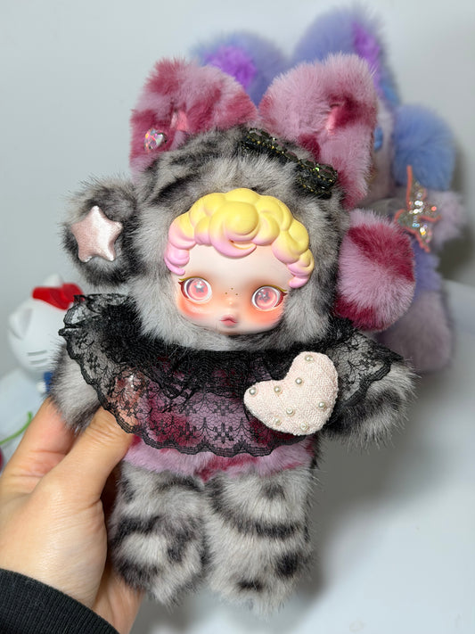 Authentic SKULLPANDA Custom - Dark Sweet Cool Black-Pink Tabby Cat Ear Plush