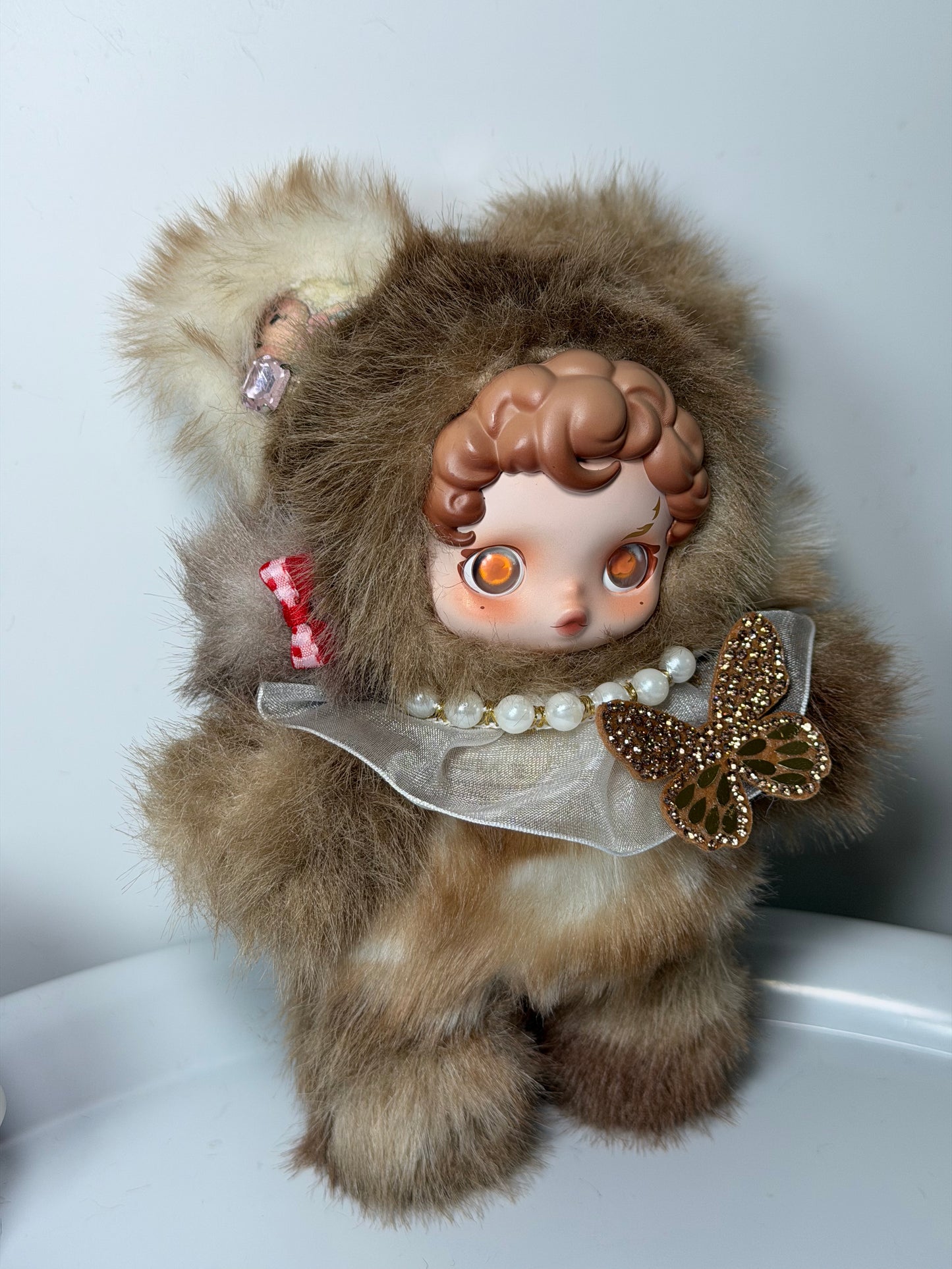 Handmade Custom Authentic SKULLPANDA | Warm Brown Bear Ear Plush Vintage Elegant Doll