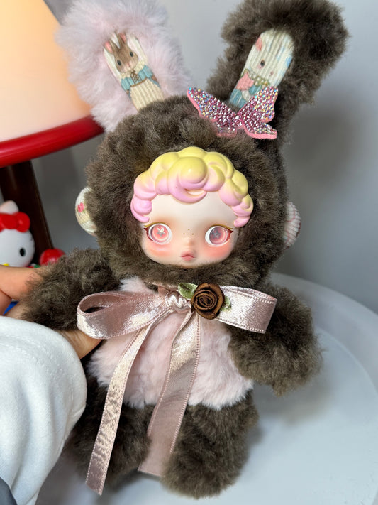 Authentic SKULLPANDA Custom - Vintage Elegant Dark Brown & Pink Lop-Ear Bunny Plush