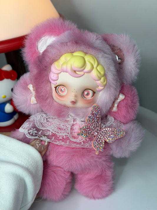 Genuine SKULLPANDA Custom Doll | Pink-Purple Plush with Lace & Rhinestone Butterfly