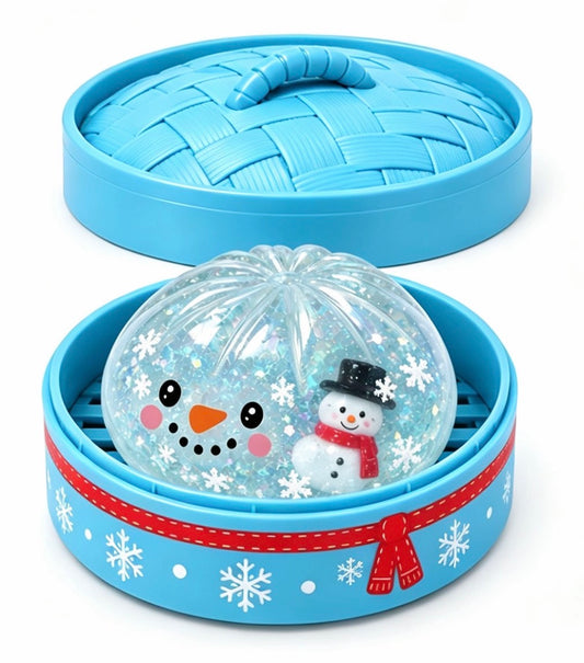 RMS Mystery Dumpling Snowman Edition Squishy Toy, Glitter Stress Relief Fidget Toy with Blue Steamer Box